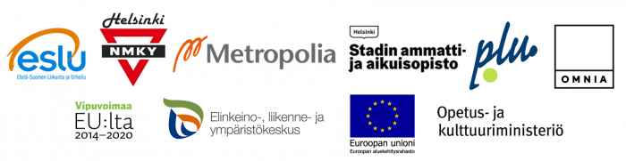 Hankkeiden yhteisty&ouml;kumppaneiden logot: Etel&auml;-Suomen Liikunta ja Urheilu ry, Helsingin NMKY ry, Metropolia Ammattikorkeakoulu, Stadin ammatti- ja aikuisopisto, Pohjanmaan Liikunta ja Urheilu ry, Espoon seudun koulutuskuntayhtym&auml; Omnia, Vipuvoimaa EU:lta 2014-2020, Elinkeino-, liikenne- ja ymp&auml;rist&ouml;keskus, Euroopan unionin Euroopan aluekehitysrahasto sek&auml; Opetus- ja kulttuuriministeri&ouml;