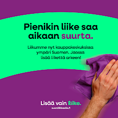 pienikin liike saa aikaan suurta - teksti, tapahtuman banneri,liila pyyhe pyyhkii kuvan läpi